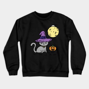 Funny Halloween cat in a hat with the moon, pumpkin, and a mouse. Crewneck Sweatshirt